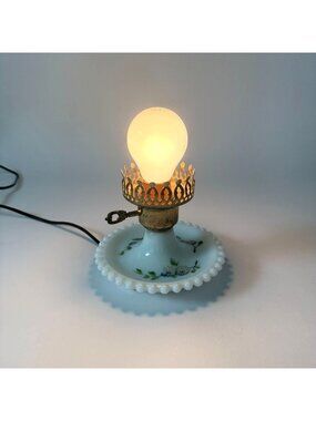 Vintage Electric Milk Glass Lamp Floral Design Metal Crown Accent Works No Globe